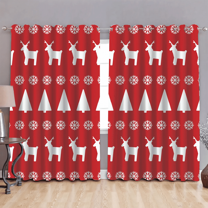 Trendy Illustrated Deerr Fir Trees And Snowflakes On Red Background Window Curtains Door Curtains Home Decor