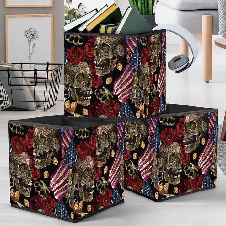 Embroidery Skulls Roses Flowers Brass Knuckles American Flag Storage Bin Storage Cube
