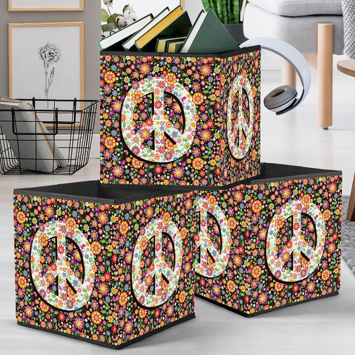 Hippie Themed Pattern With Impressive Flowers And Peace Sign Storage Bin Storage Cube