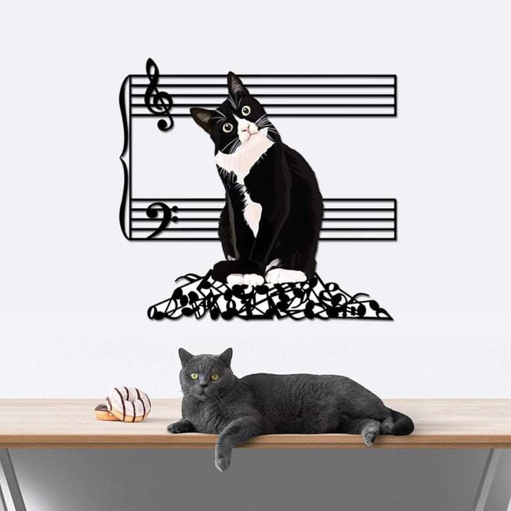 Cat And Music Note Cut Metal Sign