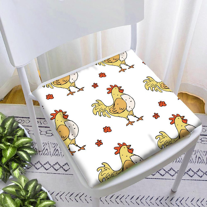 Chicken Roosters And Flowers On White Background Chair Pad Chair Cushion Home Decor