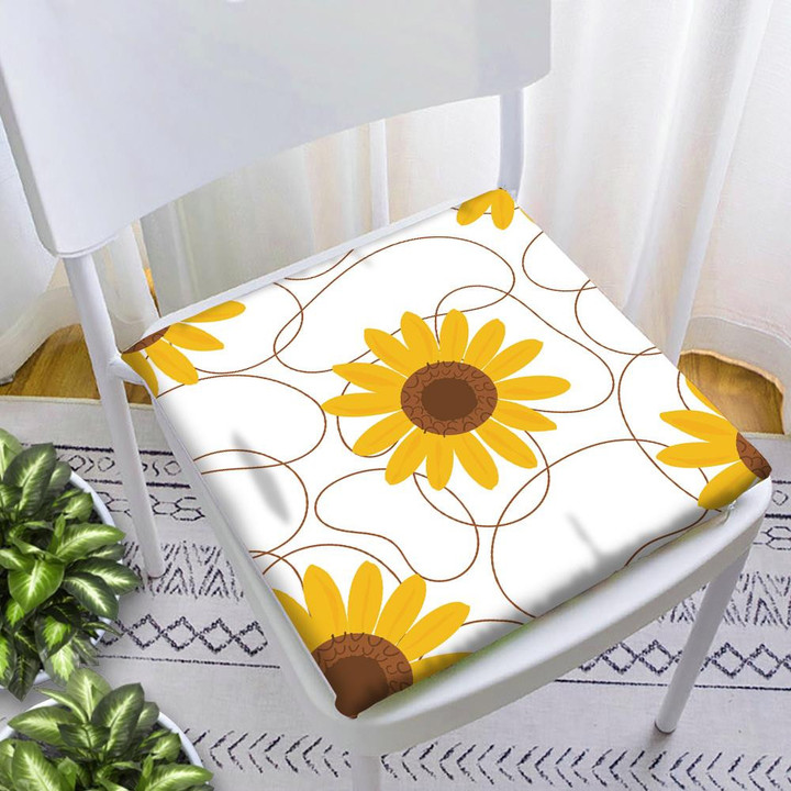 Brown Lines With Sunflower On White Background Chair Pad Chair Cushion Home Decor