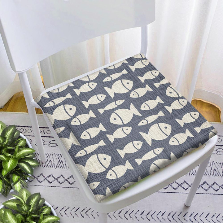 Small Beige Fishes On A Jeans Background Sea Fish Themed Design Chair Pad Chair Cushion Home Decor