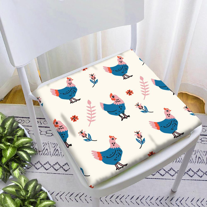 Chickens And Floral Elements On Gentle Pink Background 1 Chair Pad Chair Cushion Home Decor