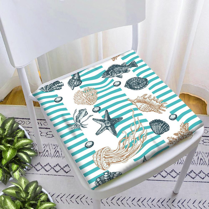 Sketching Sea Creatures On Blue Striped Sea Waves Pattern Chair Pad Chair Cushion Home Decor
