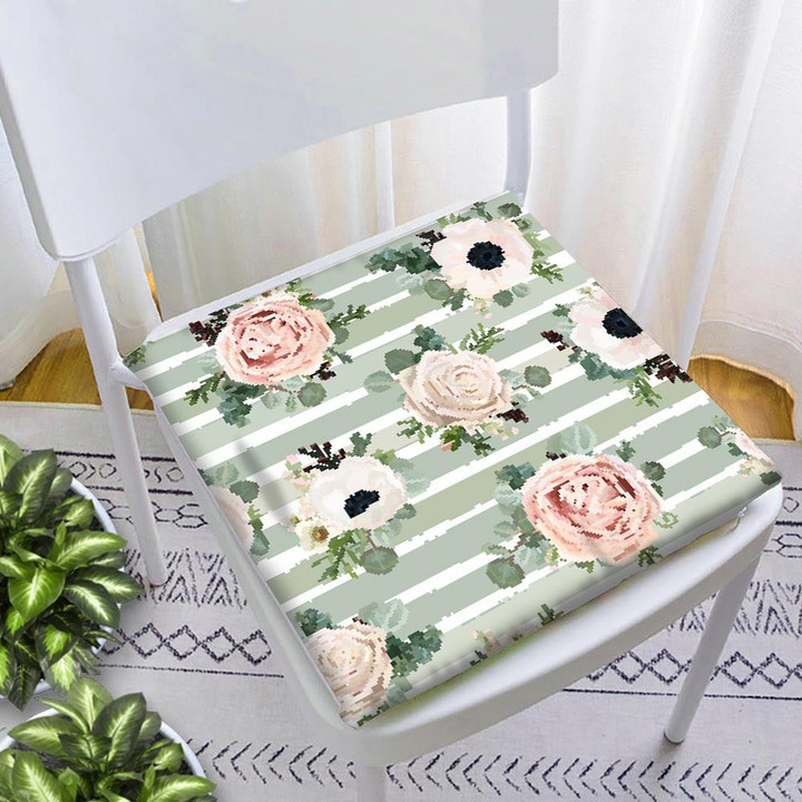 Beautiful Rose Flower On Green And White Striped Background Chair Pad Chair Cushion Home Decor