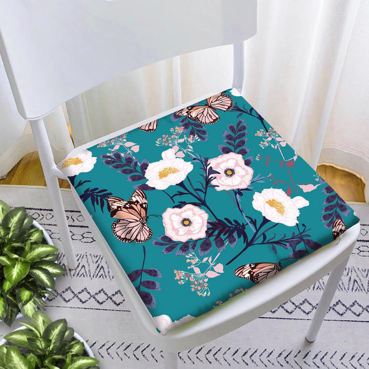 Blooming White Flowers With Butterfly Botanical Garden Chair Pad Chair Cushion Home Decor