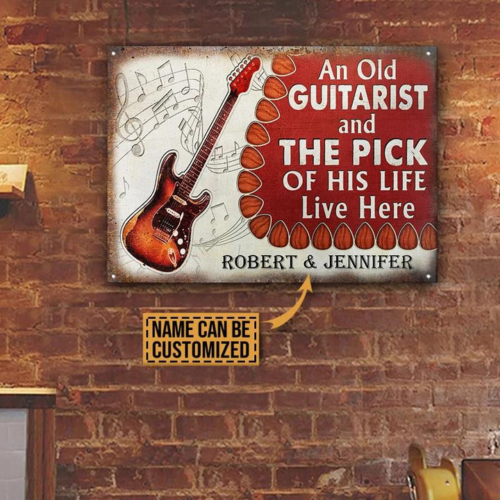 Guitar Old Couple Live Here Music Notes Rectangle Metal Sign Custom Name