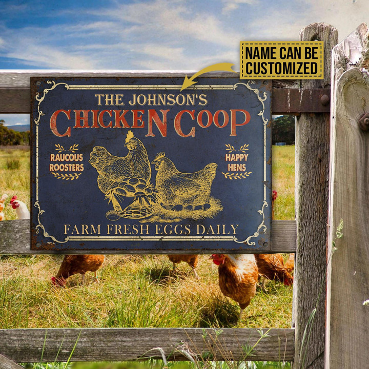Yellow Chicken Coop Farm Fresh Eggs Rectangle Metal Sign Custom Name