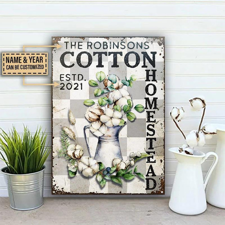 Farmhouse Cotton Homestead White And Grey Checked Rectangle Metal Sign Custom Name Year