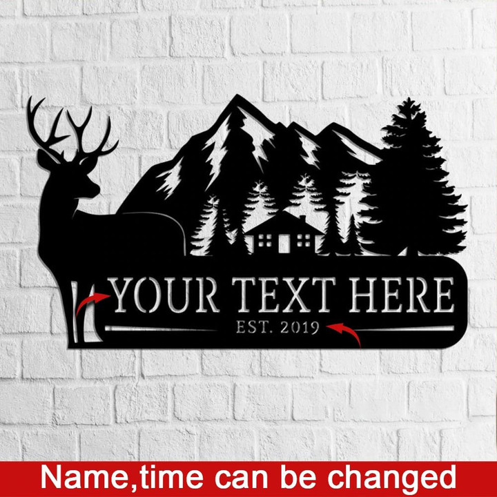 Deer House In Forest Cut Metal Sign Custom Name And Time