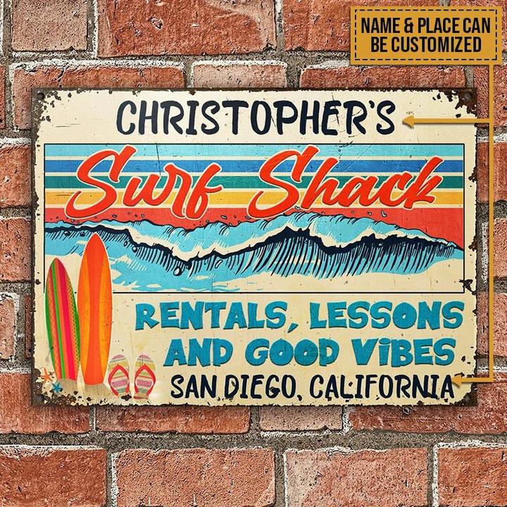 Beach Surfing Surf Shack Rentals Rectangle Metal Sign Custom Name And Place