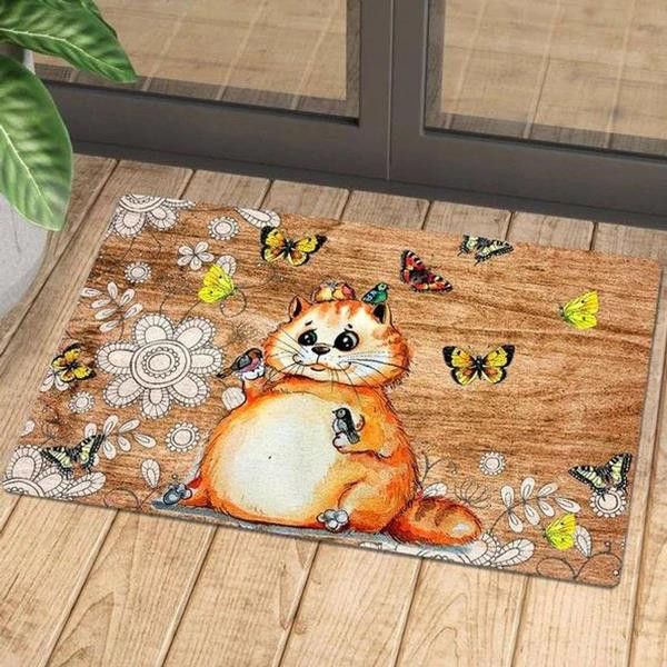 Cute Cat With Colorful Butterflies And Bird Doormat Home Decor