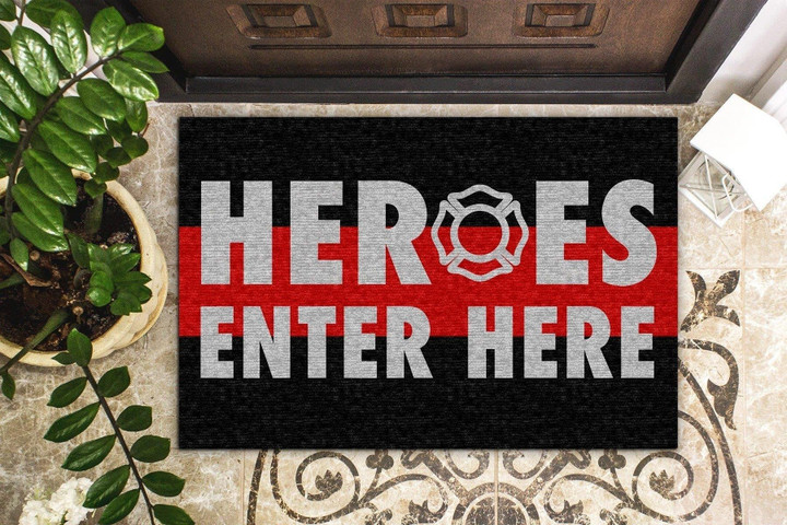Firefighter Heroes Enter Here Red Lines Pattern Doormat Home Decor