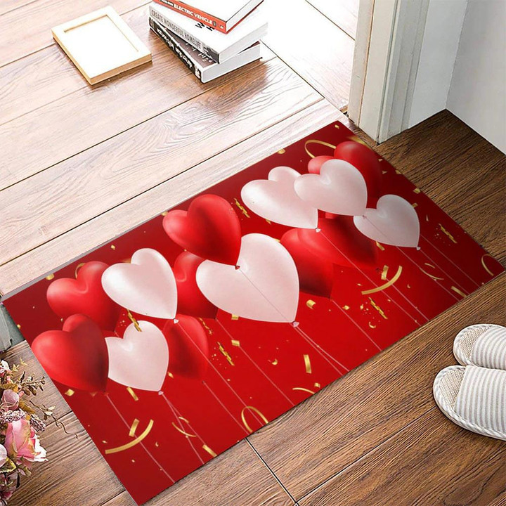 Valentines Heart Love Balloons Party Romantic Red Background Doormat Home Decor
