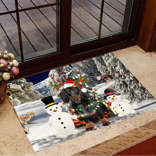 Dachshund With Snowman Christmas Tree In The Forest Design Doormat Home Decor