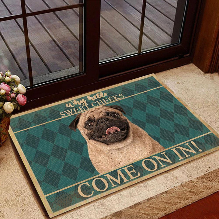 Doormat Home Decor Vintage Harlequin Background Cute Pug Dog Come On In