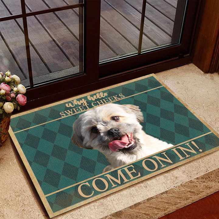 Cute Maltese Dog Smiling Come On In Harlequin Background Doormat Home Decor