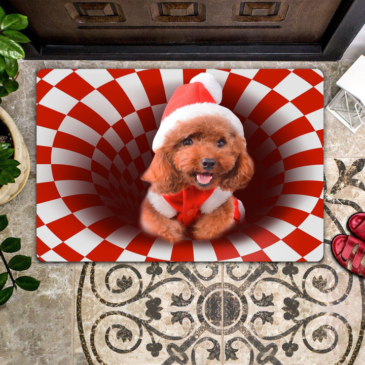 Lovely Poodle Puppy With Santa Hat Checkered Hole Design Doormat Home Decor
