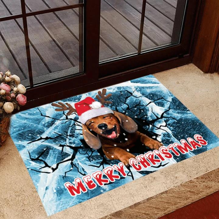 Dachshund Merry Christmas Funny Dog Ice Crack Design Doormat Home Decor