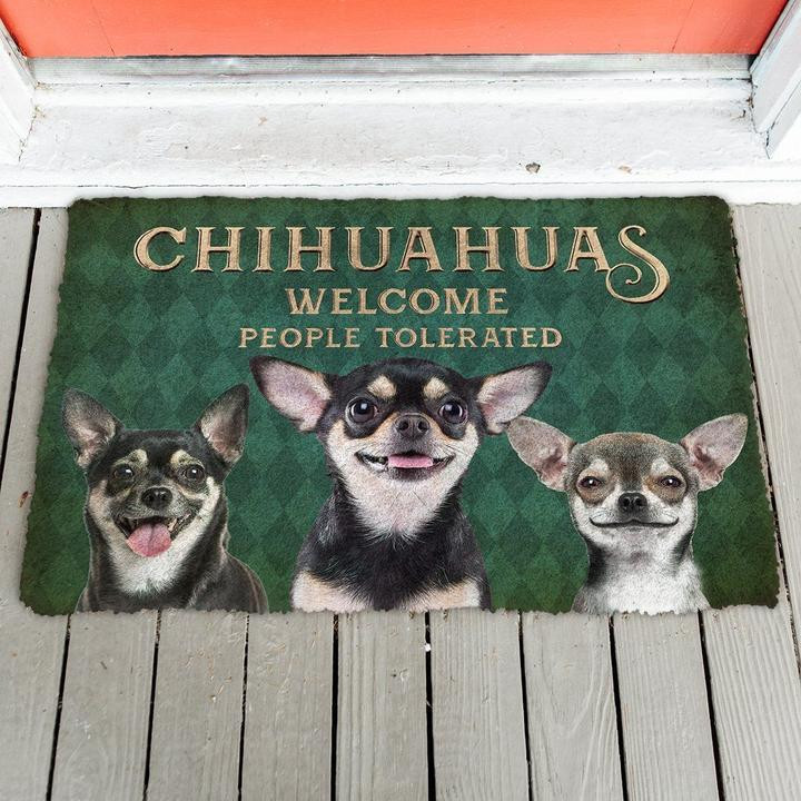 Chihuahuas Welcome People Tolerated Green Harlequin Background Doormat Home Decor