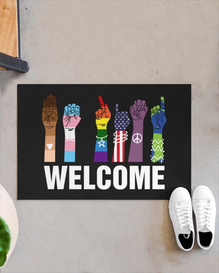 Welcome Equality LGBT Hand Sign Language Black Theme Design Doormat Home Decor
