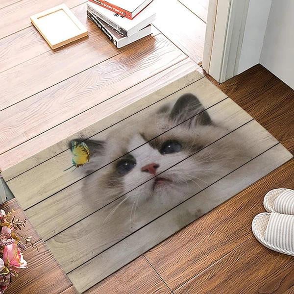 Adorable Cat And Butterfly Rustic Wooden Board Doormat Home Decor