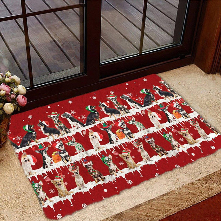 Lovely Chihuahua Party On Christmas Winter Snow Pattern Doormat Home Decor
