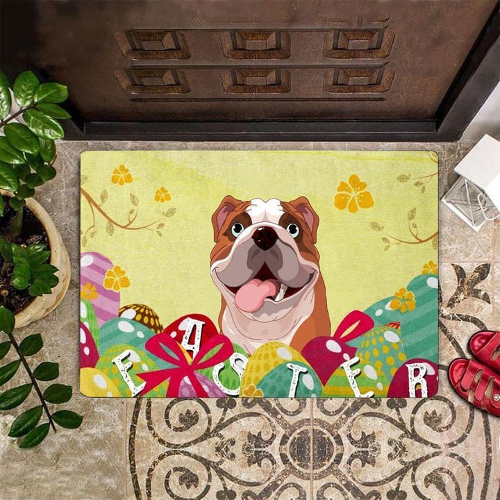 Cute Bulldog Happy With Colorful Easter Eggs Doormat Home Decor