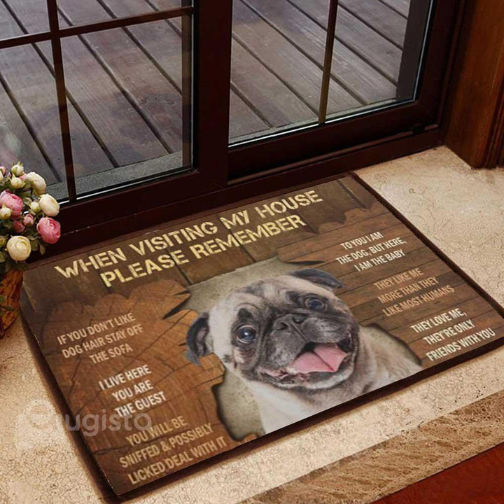 When Visiting My House Cute Pug Wooden Background Doormat Home Decor