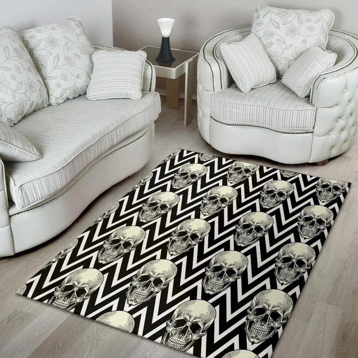 Black And White Zigzag Metal Skull Heads Printed Area Rug Home Decor