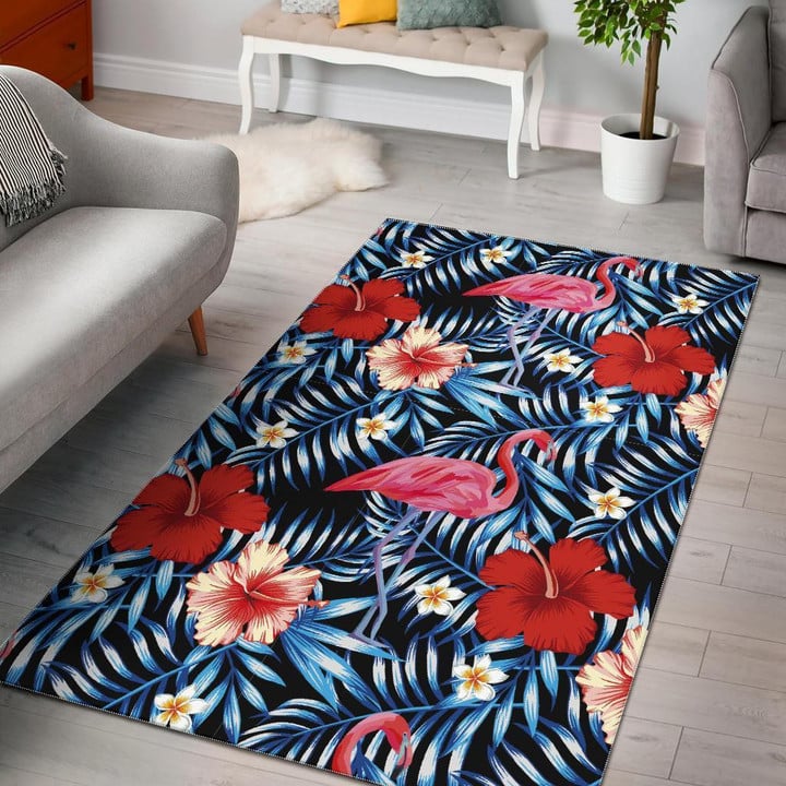 Flamingo Hawaiian Floral Tropical Flower Hibiscus Palm Leaves Pattern Print Area Rug