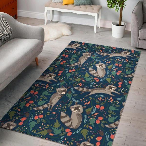 Raccoon Floral Pattern Print Home Decor Rectangle Area Rug