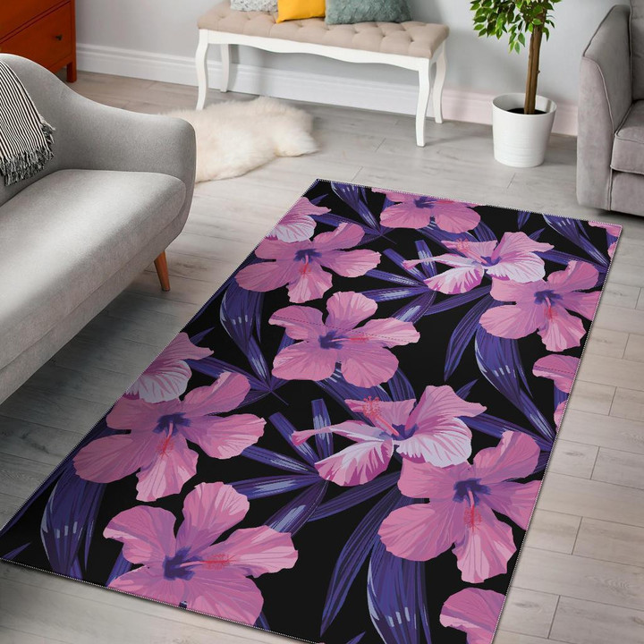 Hibiscus Floral Tropical Hawaiian Flower Palm Leaves Pattern Print Area Rug