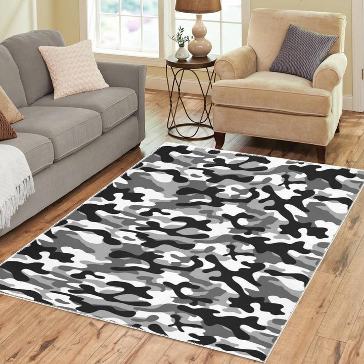 Black And White Camoflage Printed Area Rug Home Decor