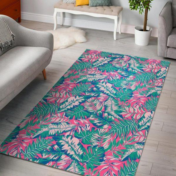 Pink Tropical Palm Leaves Hawaiian Pattern Print Home Decor Rectangle Area Rug