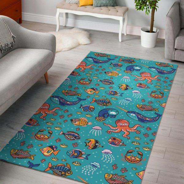 Manatee Whale Fish Octopus Pattern Print Home Decor Rectangle Area Rug