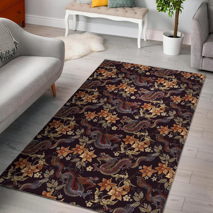 Chinese Floral Dragon Pattern Print Area Rug