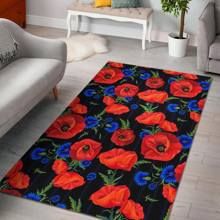 Poppy Red Floral Pattern Print Area Rug