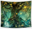 Magical Tree of Life Tapestry Wall Psychedelic Forest in Star Moon Night