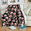Pink Magnolia Pattern Print Design Black Fleece Blanket