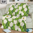 Tulip White Pattern Print Design Green Fleece Blanket