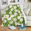 Tulip White Pattern Print Design Green Fleece Blanket