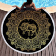Gold Mandala Elephant On Black Printed Round Beach Towel