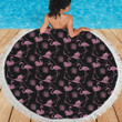 Pink Flamingo On Black Pattern Printed Round Beach Towel
