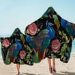 Embroidered Peacock With Flowers On Black Printed Hooded Towel
