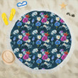 Floral Blue Themed Print Round Beach Towel