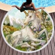 Lovely White Unicorn On Flowers Field Printed Round Beach Towel