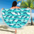 Dolphin Swimming Blue Waves Printed Round Beach Towel