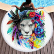 Colorful Lion With Feather Printed Round Beach Towel